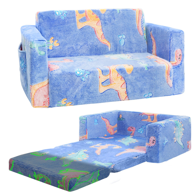 Amilee Kids Couch Sofa, Folding Toddler Couch, Blue Dinosaur, 16" H x 23.6" W x 17" D
