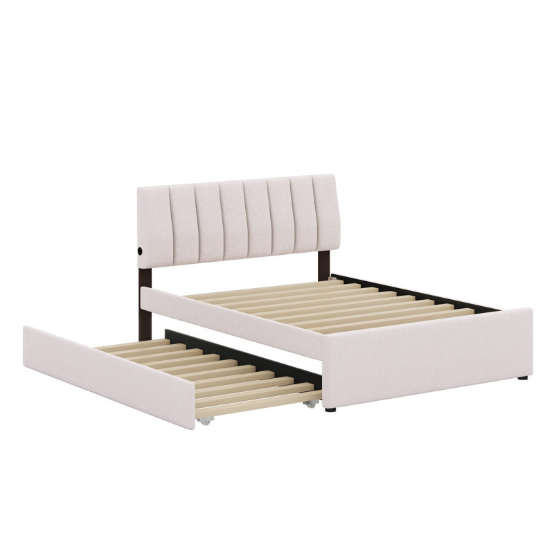 Lit plateforme tapissier avec lit gigogne, Beige
