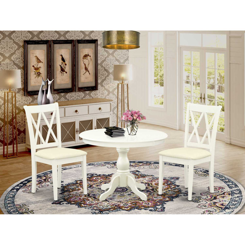 3 Piece Dining Table Set for Small Spaces Contains a Round Dining Room Table with Pedestal and 2 Linen Fabric Upholstered Chairs, 42x42 Inch, Linen White