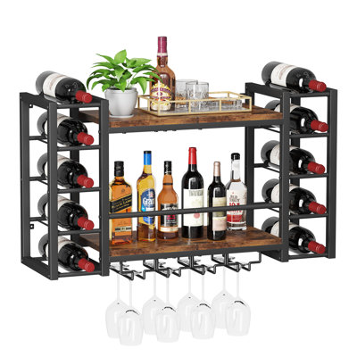 Wall Mounted Wine Rack, Bottle & Glass Holder Wood-Metal Retro Wine Rack, Wine Bottles Display Wall Storage for Kitchen Dining Room Home Bar (31.7" W x 9.8" D x 19.7" H)
