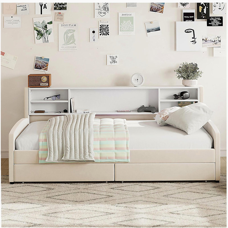 Lit plateforme double avec rangement et tiroirs, Beige