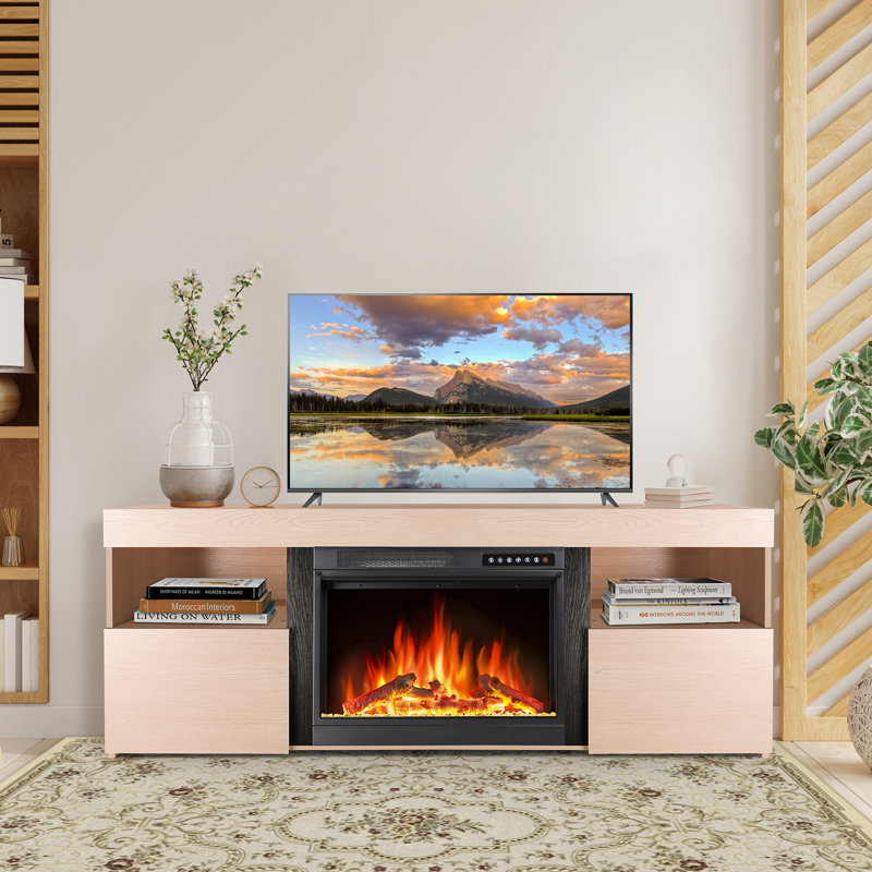  60" Fireplace TV Stand With Electric Fireplace,Remote ,Timer & Adjustable Led Flame, Light Oak