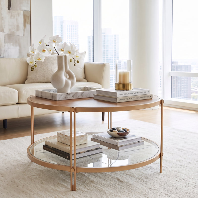 32-inch Round Wood Coffee Table with Sleek Glass Top and Sturdy Metal Frame, Gold