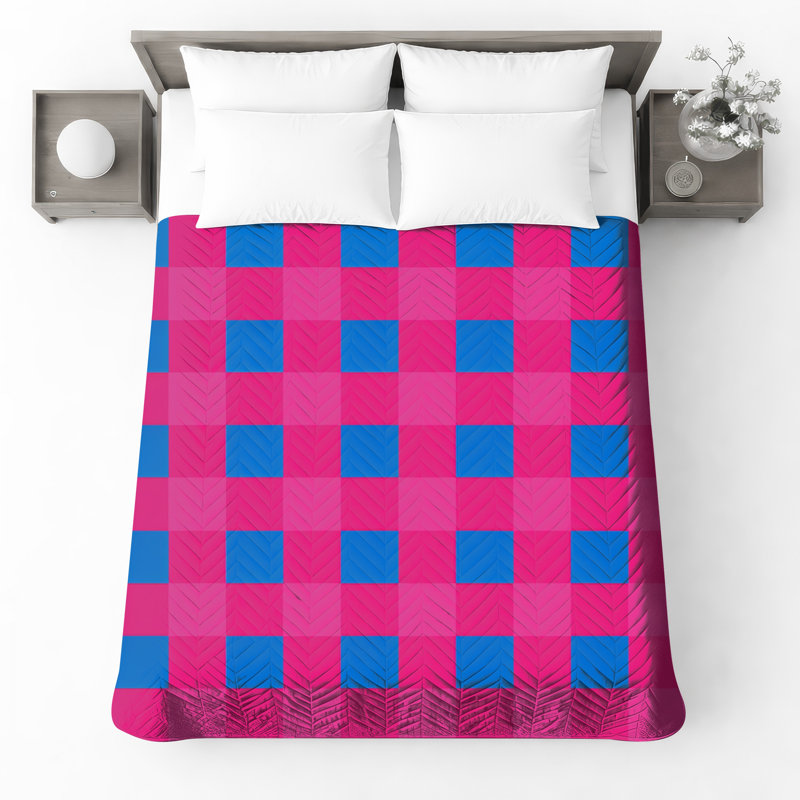 Couvre-lit matelassé à carreaux rose et bleu, Très grand lit