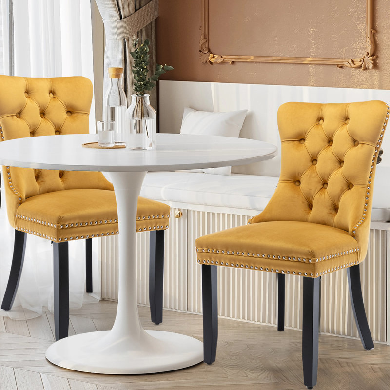 Friedrun Velvet Dining Chair Tufted Dining Room Chair with Solid Wood Leg, Gold