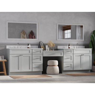 Disar 120" Double Bathroom Vanity With Desk Dovetail Solid Wood Drawer Carrara Quartz Top