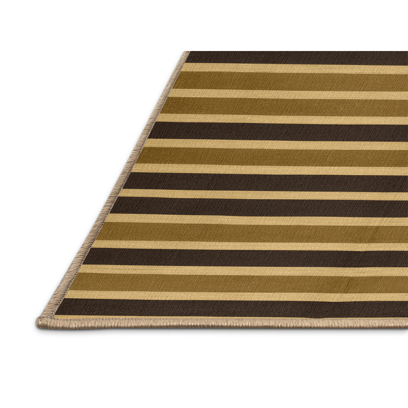 Tapis brun à rayures horizontales lavable à la machine, Rond 4 pi