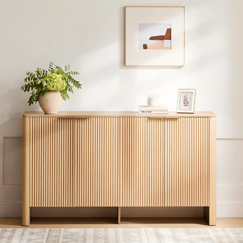 61" Modern Curved Sideboard Buffet Cabinet With 4 Fluted Doors, Adjustable Shelves & Elevated Base, Oak/Oak
