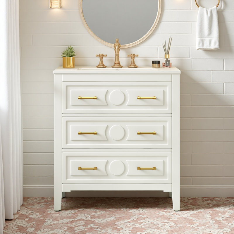 Ensemble de meuble-lavabo simple 30 po avec 3 tiroirs, meuble-lavabo autoportant avec cadre en bois massif 30 po, Blanc