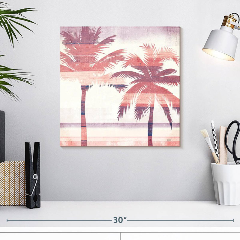 Harnek, paysage de plage, palmiers, rose, mauve, H 16 po x l 16 po