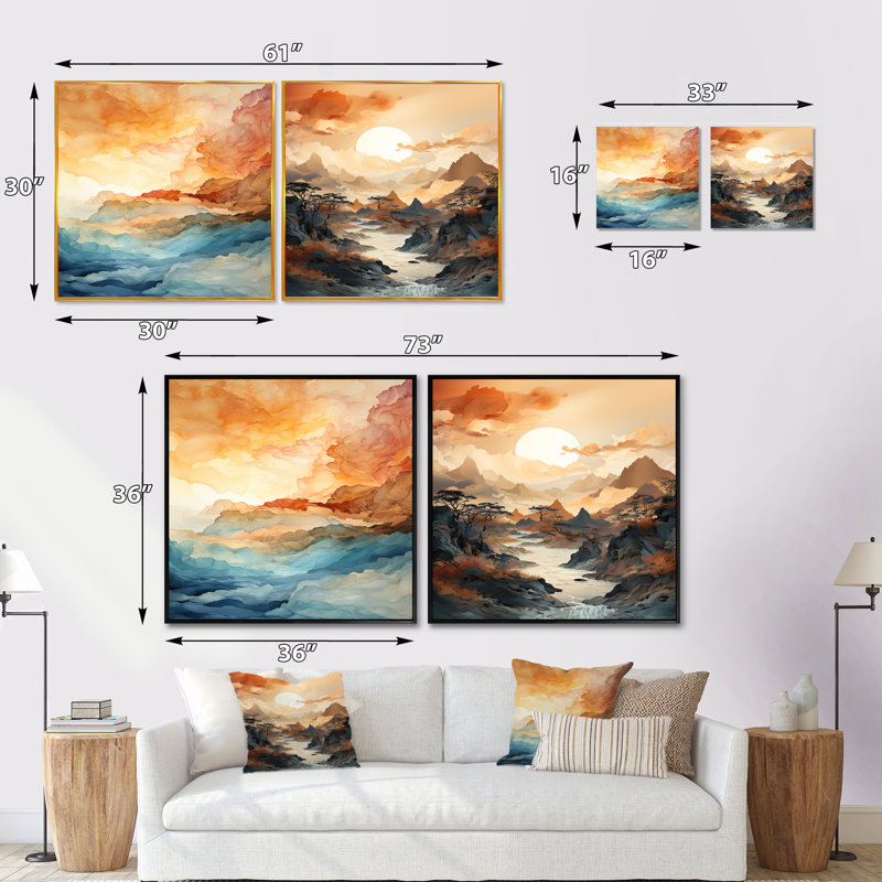 «Bold Sunset Coastal Horizon», ensemble de 2 carrés au coucher du soleil, Toile tendue, H 16 po x l 33 po