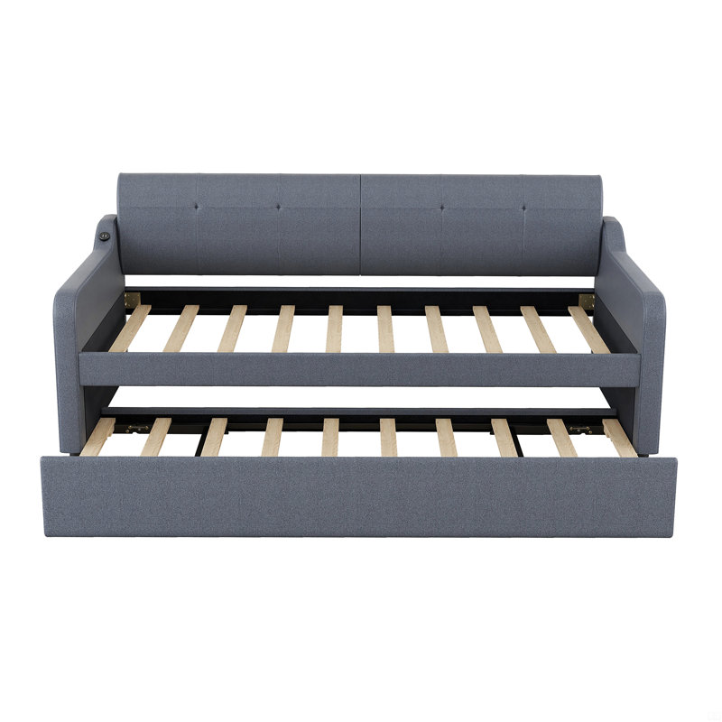 Twin Size Upholstery Daybed With Trundle And USB Charging Design, Gray