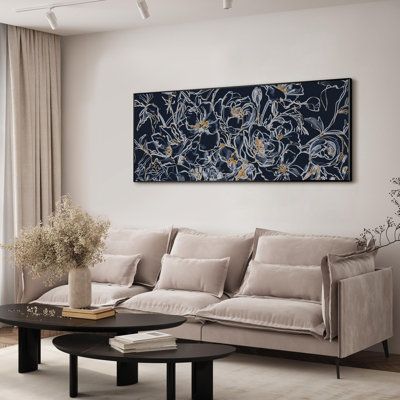 Delicate Hand-Drawn Flowers with Gold Accents Illustrations Extra Large Framed Wall Art Print Decor (Frame Assembly Required)