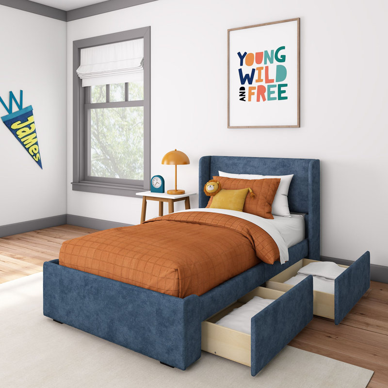 Solid Wood Upholstered Bed with Rectangular Headboard with 2 Drawer Side Storage, Blue, Twin