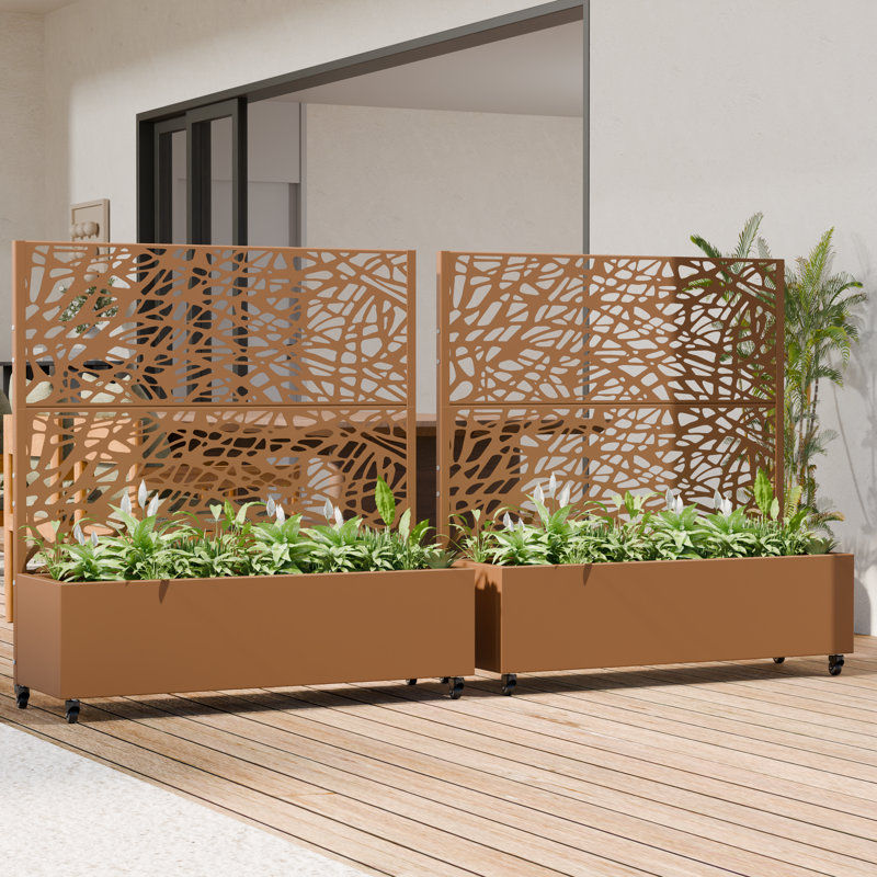 47" H x 47" W x 16" D Outdoor Metal Planter Box with Trellis Decor Raised Garden Bed with Lattice Panel and Wheels for Patio