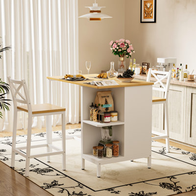 Industrial Style 3 Pieces Counter Height Dining Table Set With Storage Shelves, 41.3’’L Rectangular Dining Table With 2 Dining Chairs For Compact Kitc