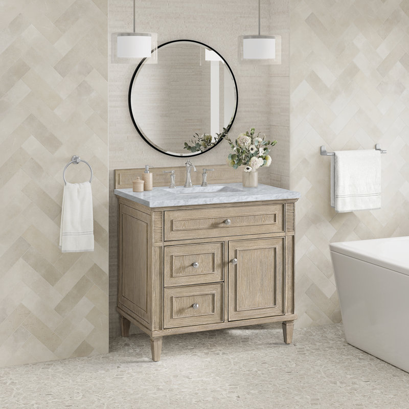 Lorelai 36'' W Single Vanity, Carrara White, Whitewashed Oak, 8" Widespread