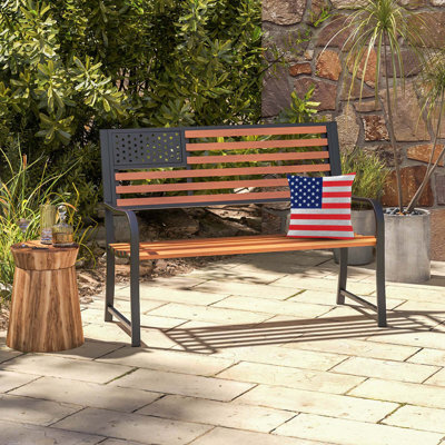17 Stories 50" Outdoor Garden Bench With Flag Pattern Backrest & Rustic Wood Grain Finish