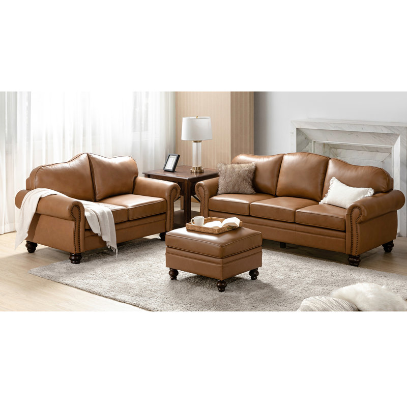 Genuine Leather 3-Piece Living Room Sectional Sofa with Leather Ottoman, Camel