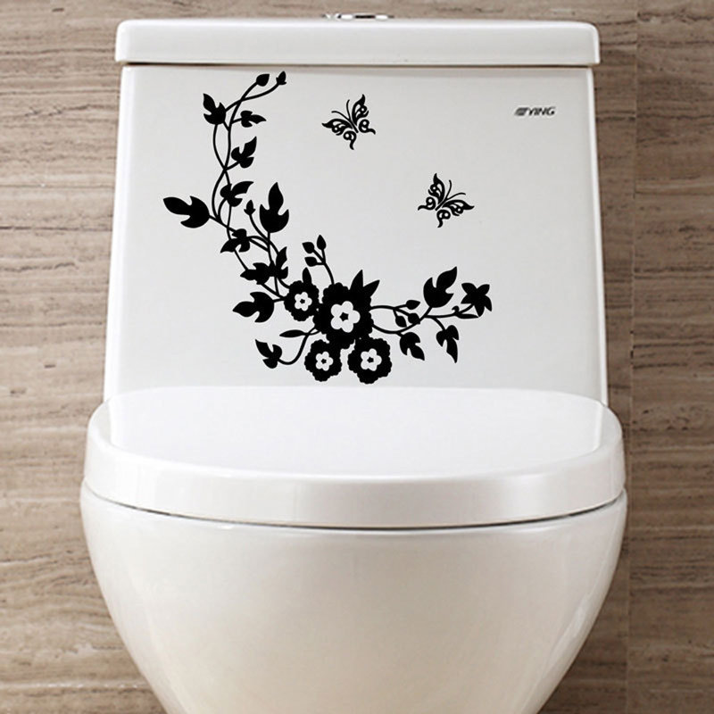 Autocollant mural de siège de toilette fleur, 14.18'' H x 1.58'' W, Black