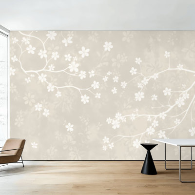 Beige Peel and Stick Wallpaper Neutral Floral White Blossoms Wall Murals 100"H x 144"W Removable PVC Wall Paper Self-Adhesive Wall Decor for Bedroom Living Room Home Office