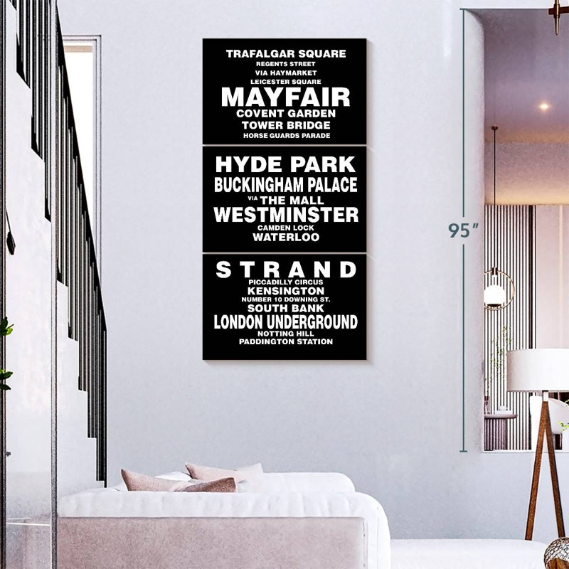 «Travel And Adventure Quotes London Bus Roll On Canvas», reproduction de 3 pièces, H 75 po x l 36 po x P 1,25 po