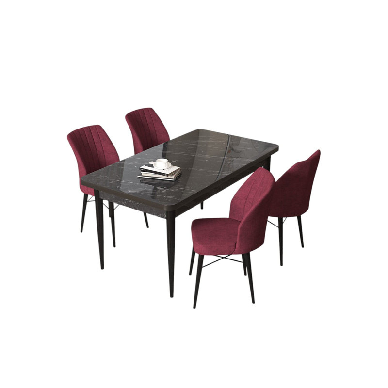 Ensemble de table et chaises de salle à manger moderne 5 pièces, marbre noir et bourgogne | Table en carton 100% enduit de mélamine, table: 43,3 po x 29,9 po x 27,6 po | Chaises: 17,7 po x 35,4 po x 16,5 po | Structure en métal, pieds en bois, assise en mousse confortable, design élégant