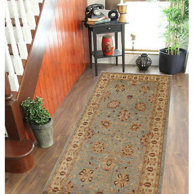 Tapis de couloir unique en laine noué à la main héritage des années 1960 bleu clair / ivoire 4 pi 1 po x 11 pi 2 po Fenwick Landing