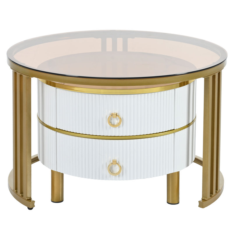 Stackable Coffee Table With 2 Drawers, Nesting Tables With Brown Tempered Glass, Set Of 2, White