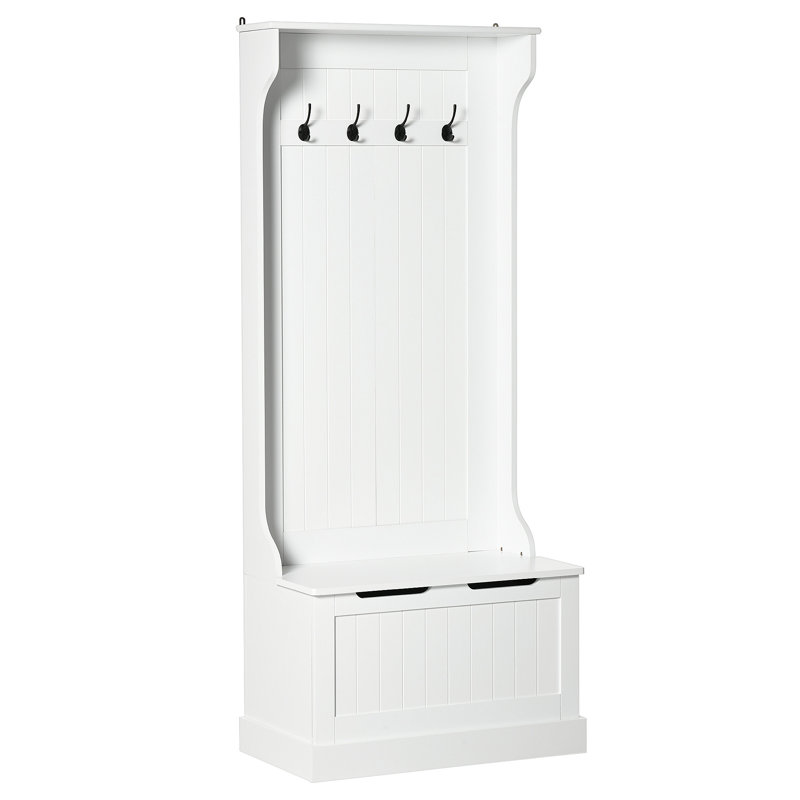 28" 3-In-1 Entryway Hall Tree With Storage Bench, Coat Rack With Four Hooks And Shoe Storage, White