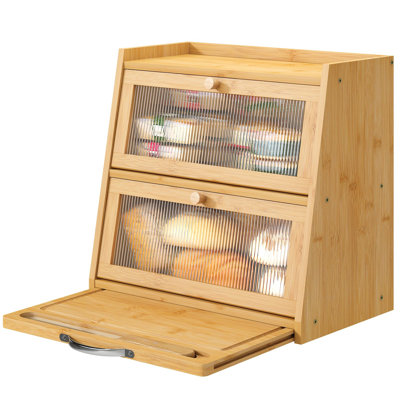 Bread Box for Kitchen Counter, Bamboo Wood Large Capacity Bread Storage Bin with Acrylic Wavy Door Panel, (Natural With Cutting Board)
