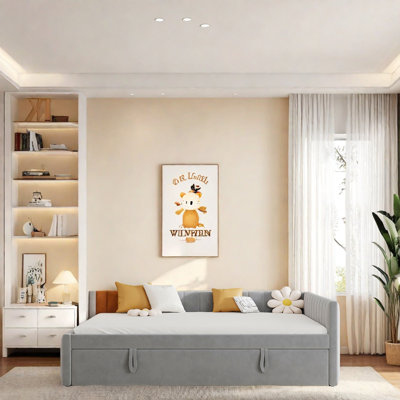 Upholstered Daybed with Pull-Out Twin Trundle, Full Size Bed with Padded L-Shaped Backrest, No Box Spring Needed, Modern Vertical Stripe Design, Space by Latitude Run