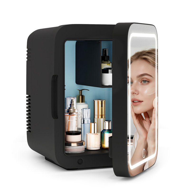 Mini Fridge 4L Car Refrigerator With LED Mirror, 3 Light Countertop Mini Fridge with Freezer, Black
