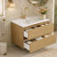 Meuble-lavabo mural 32 po avec tiroirs doubles, système de fermeture en douceur, évier en céramique, conception sans poignée, bois massif, facile à installer, le robinet n'est pas inclus, naturel-133416718