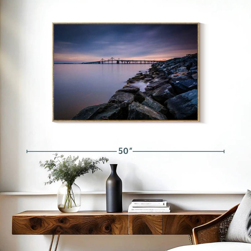Soirée Chesapeake Bay Bridge, Cadre flottant en bois naturel, 37 po x 25 po