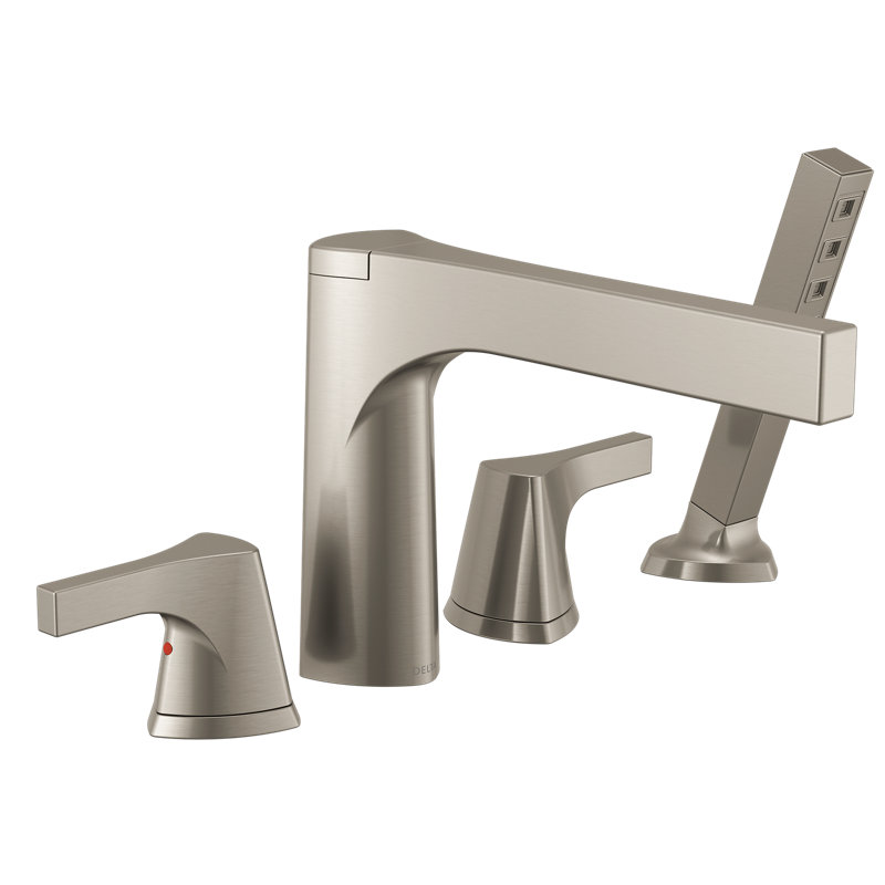 Zura Double Handle Deck Mounted Roman Tub Faucet Trim with Diverter and Handshower, Stainless
