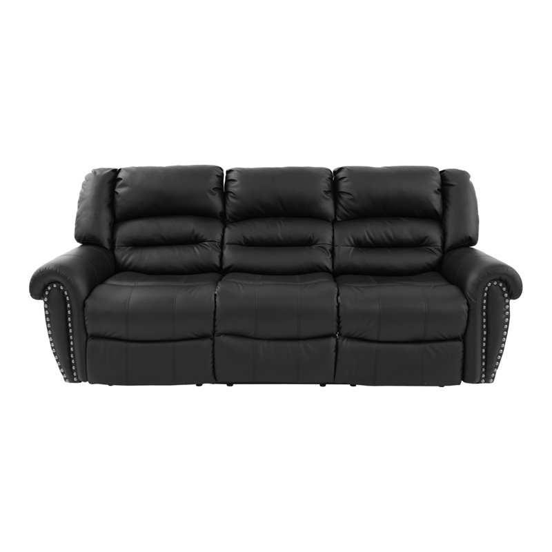 85.6'' W Faux Leather Round Arm Reclining Sofa with Nailhead Trim, Black