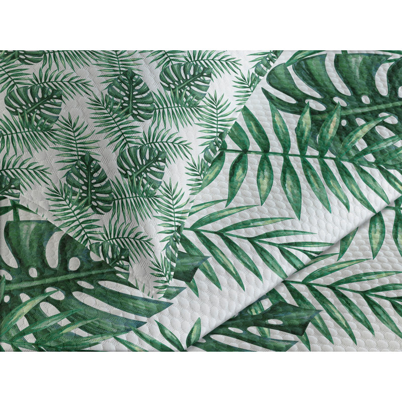 King White and Green Polyester Leaf Bedspread Set