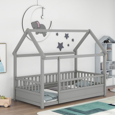 Floor Wooden Bed With House Roof Frame, Fence Guardrails,Grey