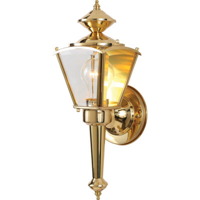 1-Light Indoor or Outdoor Polished Brass Lamp Lantern Coach Light Wall Mount or Wall Sconce with Clear Tapered Beveled Glass Panes