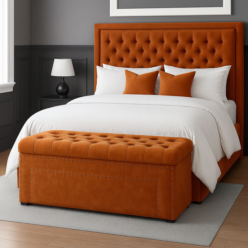 Duke Ottoman Storage Box - Chesterfield Upholstered Blanket Box - Plush Velvet Ottoman Bench with Storage, Burnt Orange