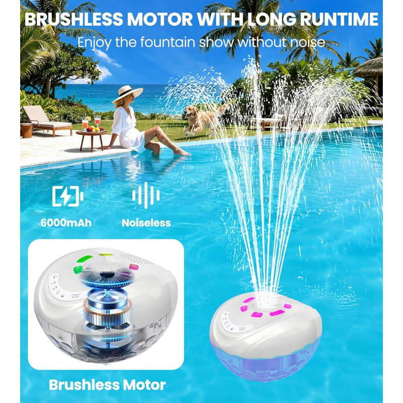 Fontaine flottante rechargeable 3-en-1 avec haut-parleur Bluetooth 5,4 et lumières RVB Music-Sync - étanche IP68, 3 hauteurs de jet, ancre pour piscines hors terre / creusées, appel mains libres, 2026 nouveau