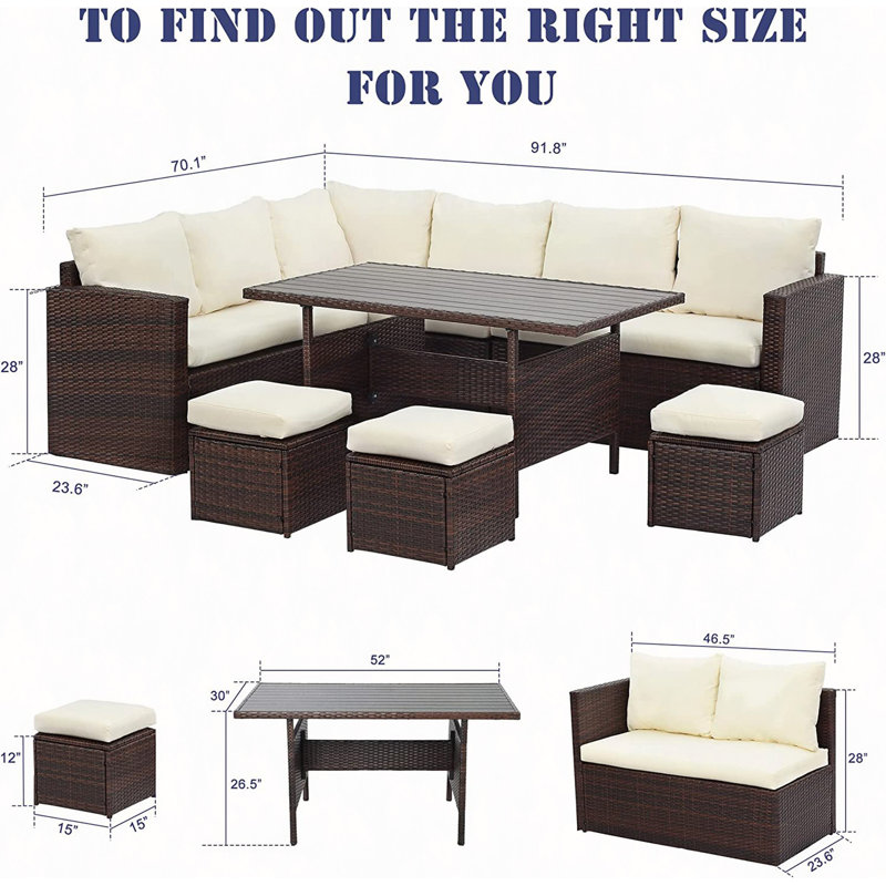 Ensemble de canapé modulaire en rotin 7 pièces avec coussins 7 pièces, Ivoire ivoire