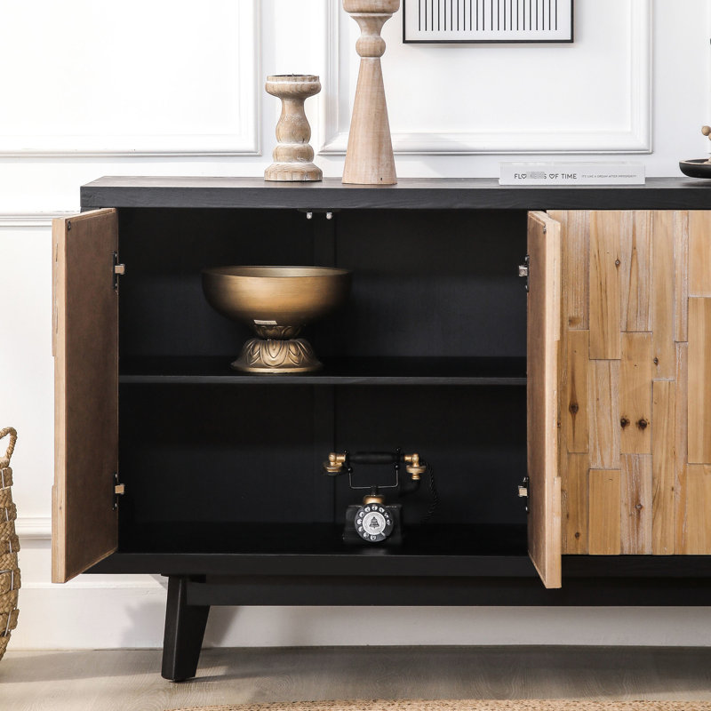 Buffet en bois naturel - Motif géométrique, buffet fonctionnel avec 4 portes et rangement polyvalent