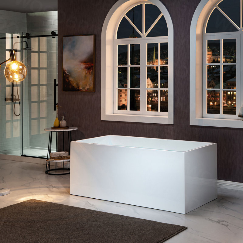 59" x 29" Freestanding Soaking Acrylic Rectangular Bathtub with Reversible Drain, White/Chrome