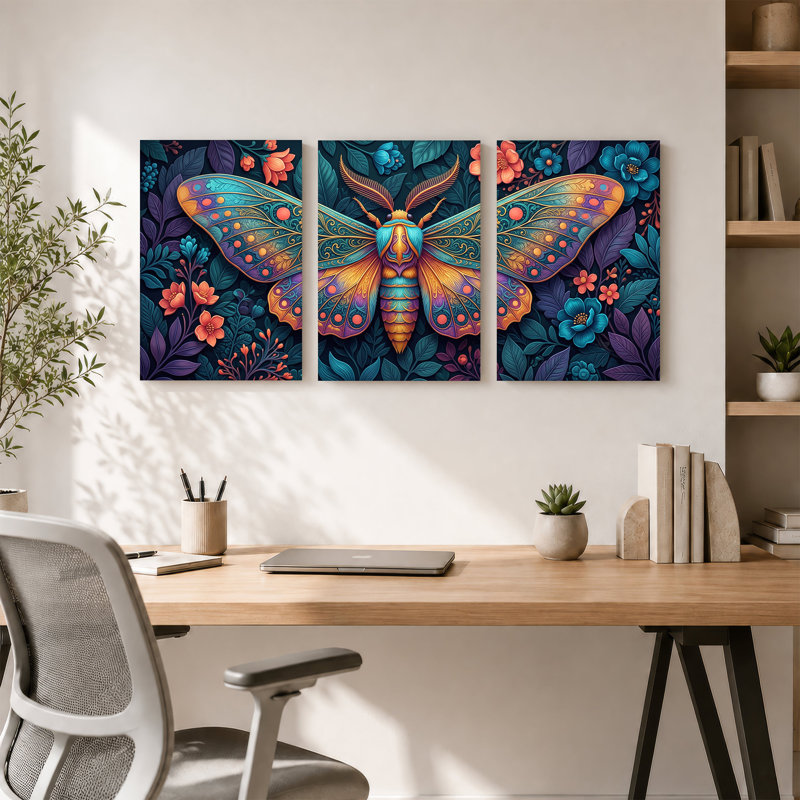 Papillon ornemental avec ailes bleu sarcelle et orange, ensemble de 3 toiles, H 36 po x l 24 po x 3 pièces