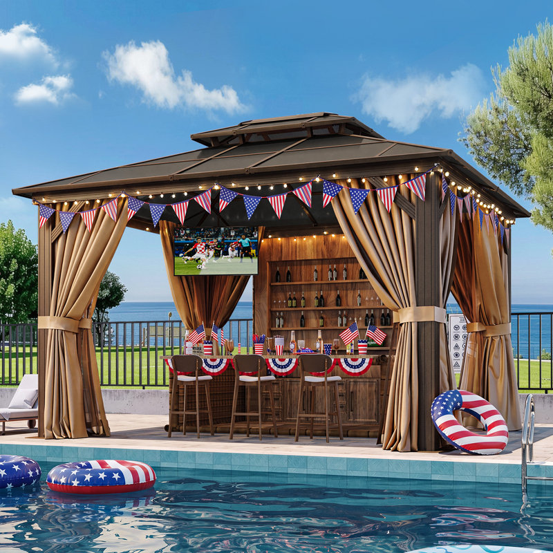 12 Ft. W x 10 Ft. D Metal Patio Hardtop Gazebo, Brown