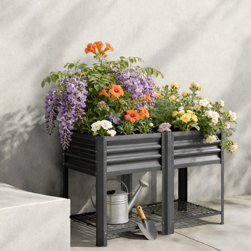Spacieuses jardinières en acier avec rangement, lit de jardin surélevé d'extérieur contemporain