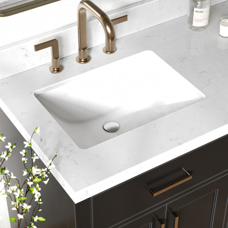 Thornaby 66'' Solid Wood Double Bathroom Vanity with 1.5'' Carrara Quartz Top, Black  / Satin Brass, Rectangular