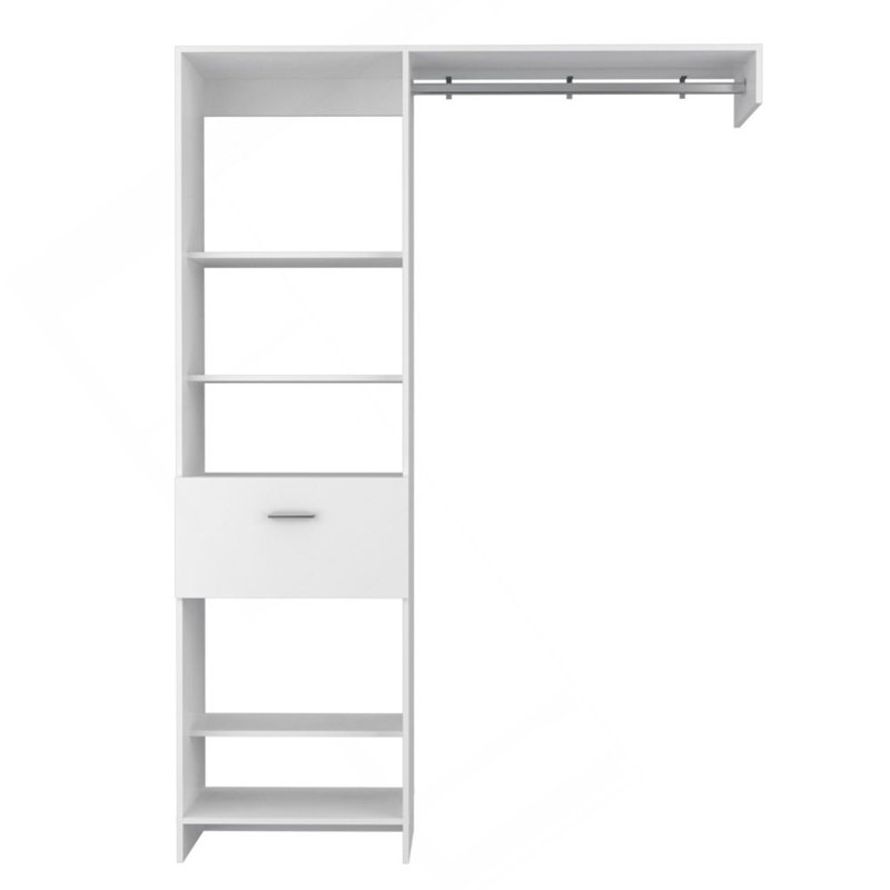 Système de placard hybride, cinq tablettes ouvertes, un tiroir, tringle en métal, Blanc